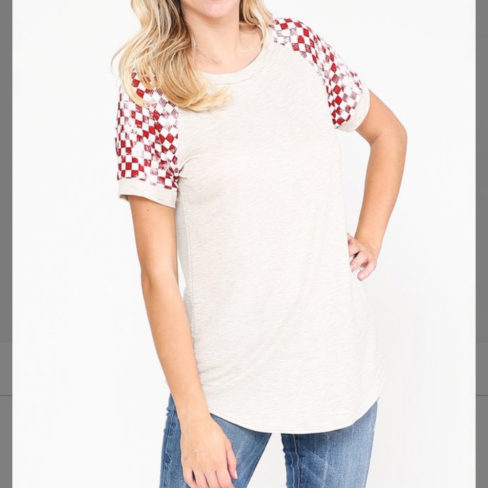 Oatmeal & Red Checkerboard Contrast SS Tee, M